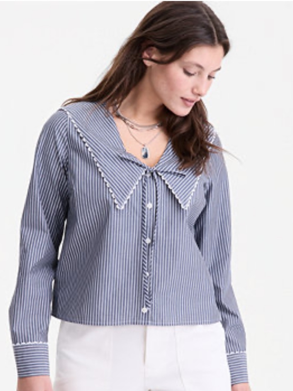 Lace-Trim Sailor Collar Striped Blouse - Blue